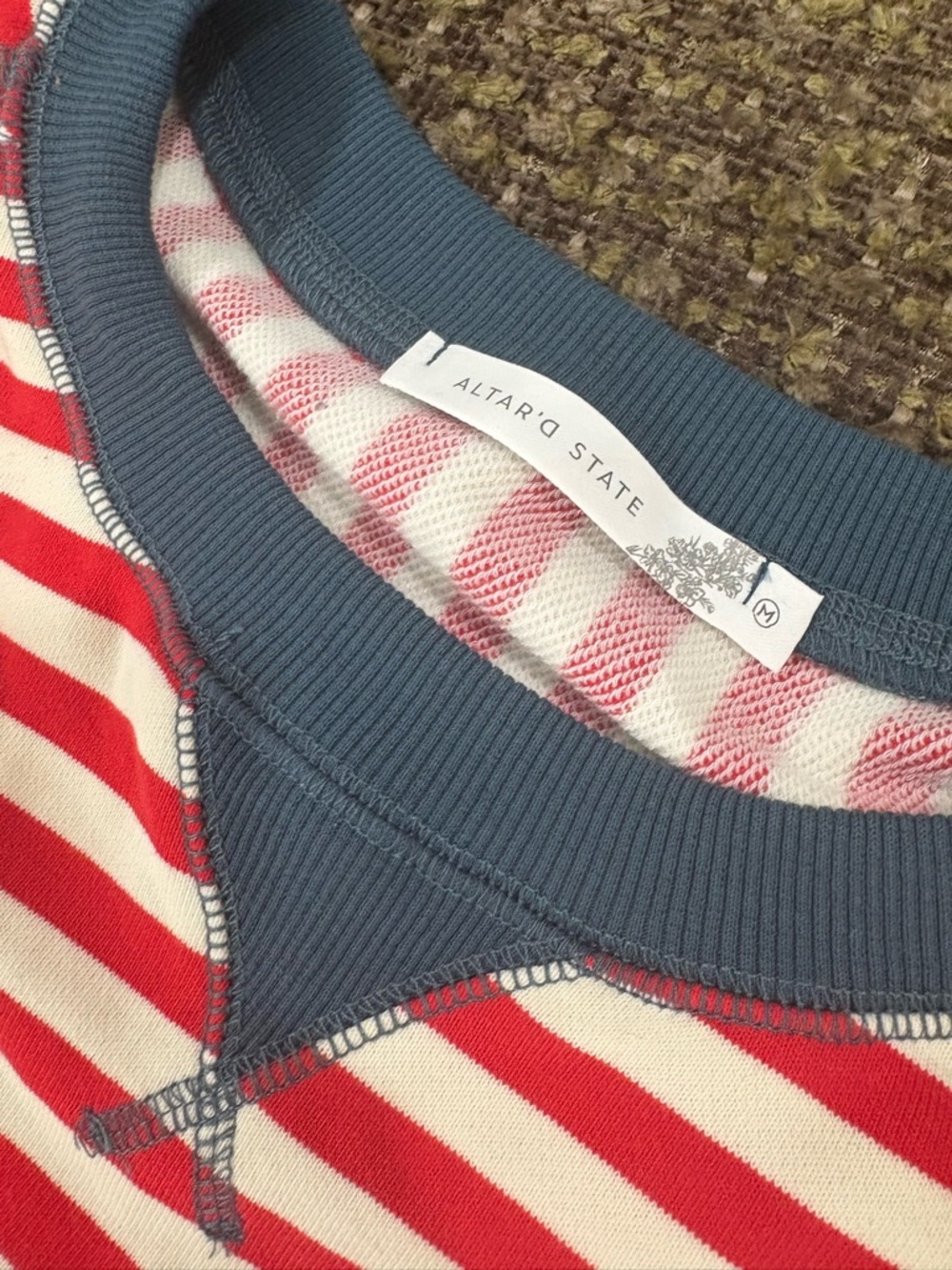 Altar’d‎ State Striped Red & White Crewneck Sweatshirt with Navy Trim - Picture 3 of 4